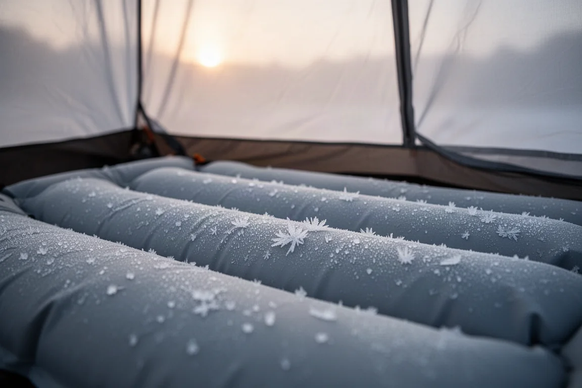 Frost on the baffled surface of an inflated sleeping pad inside a tent at dawn