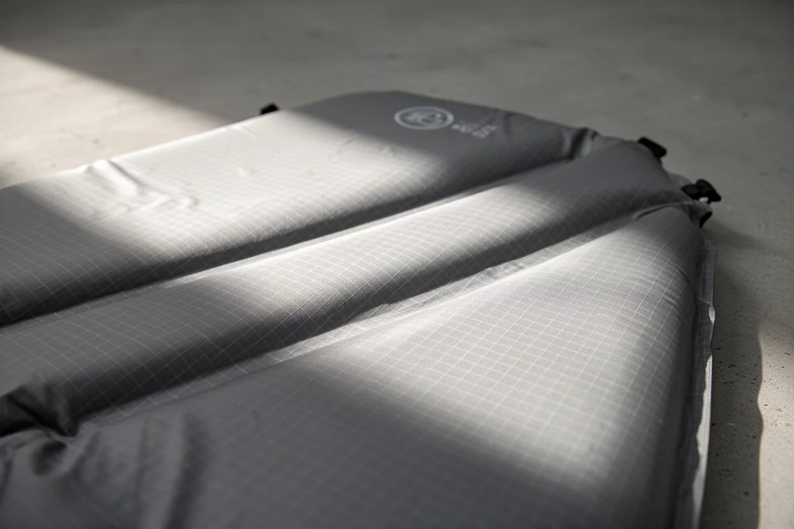 Close-up of ripstop nylon fabric and baffle seams on a sleeping pad