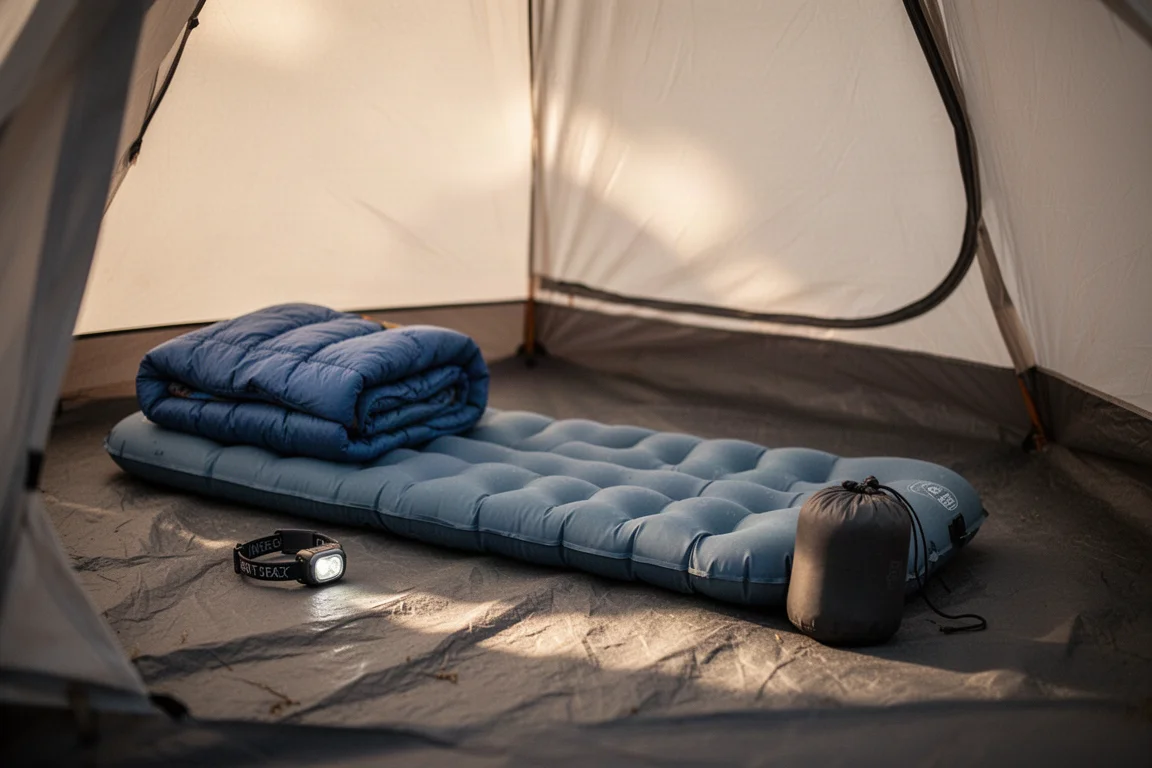 Tent interior at dawn with an inflated sleeping pad and a folded quilt
