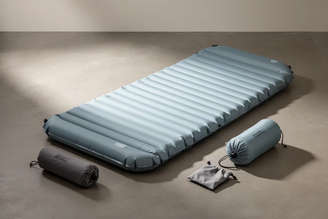 Inflated pale blue-gray backpacking sleeping pad with storage sack and pump sack on concrete