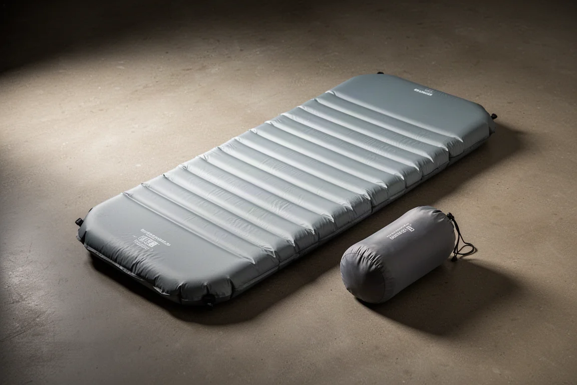 Inflated insulated sleeping pad in silver-grey lying flat on a concrete floor beside its stuff sack