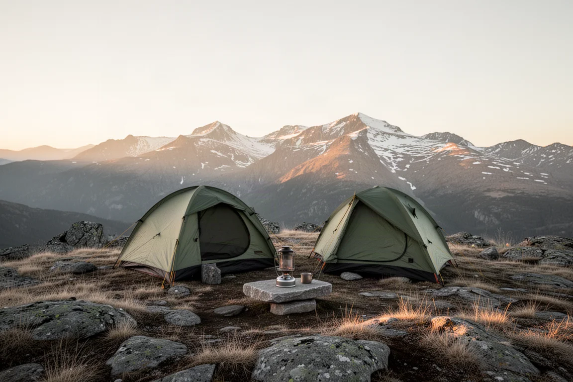 Piccolo campo base su un altopiano roccioso all'alba con cime in lontananza