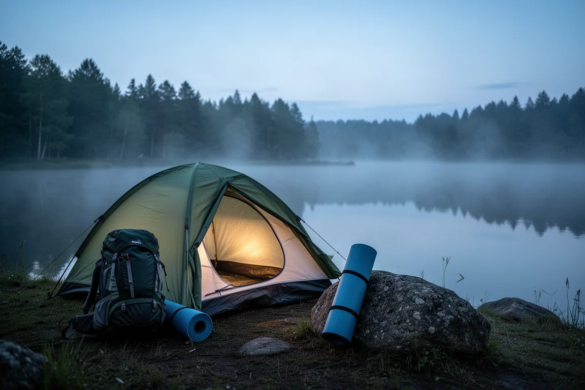 Tenda illuminata accanto a un lago calmo durante l'ora blu con nebbia sull'acqua
