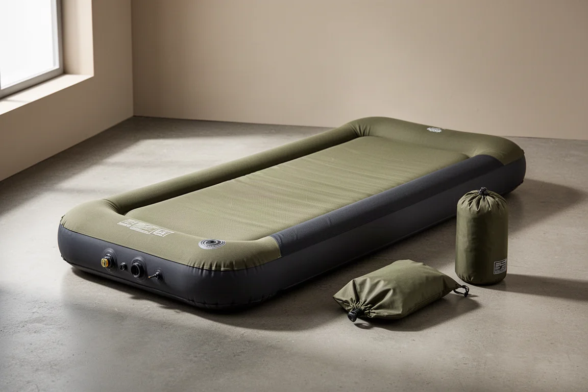 Thick three-season inflatable sleeping pad with inflation bag on concrete floor