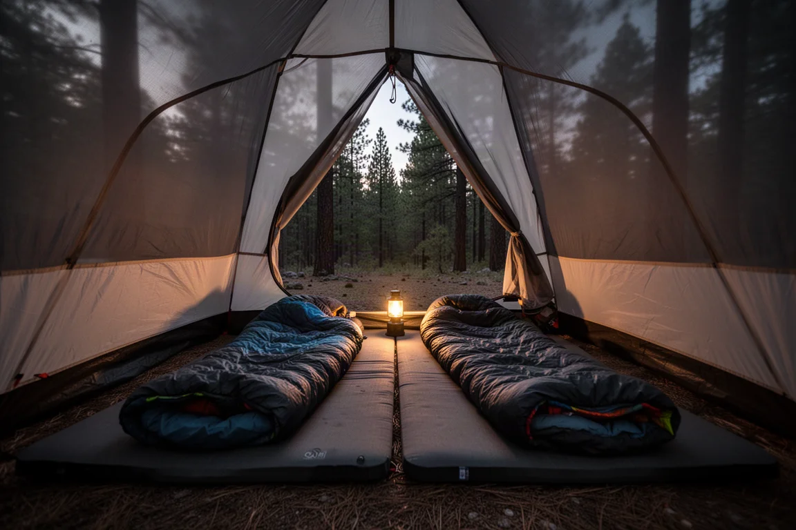 Intérieur d'une tente de randonnée au crépuscule avec deux matelas larges posés côte à côte
