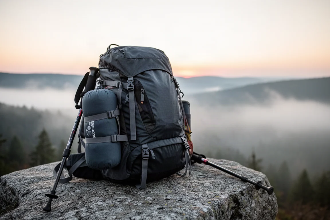 Sac à dos de randonnée chargé sur du granit à l'aube avec une housse de matelas attachée
