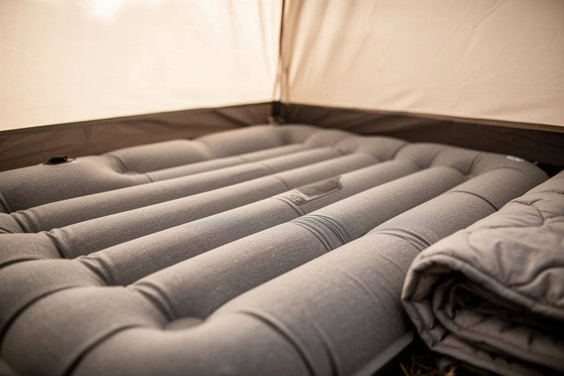 Gros plan de la surface matelassée en maille extensible d'un matelas gonflé dans une tente