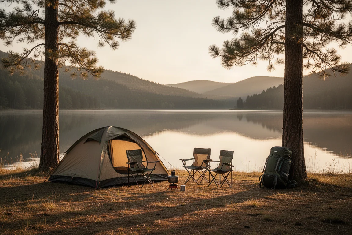 Campement au bord d'un lac à l'heure dorée avec tente, chaises de camping, réchaud et sac à dos