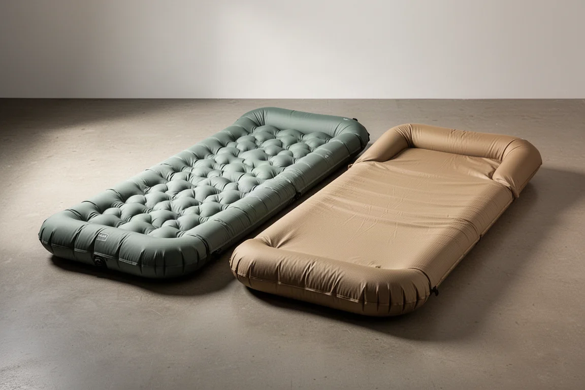 Two wide inflatable camping sleeping pads side by side on a concrete floor