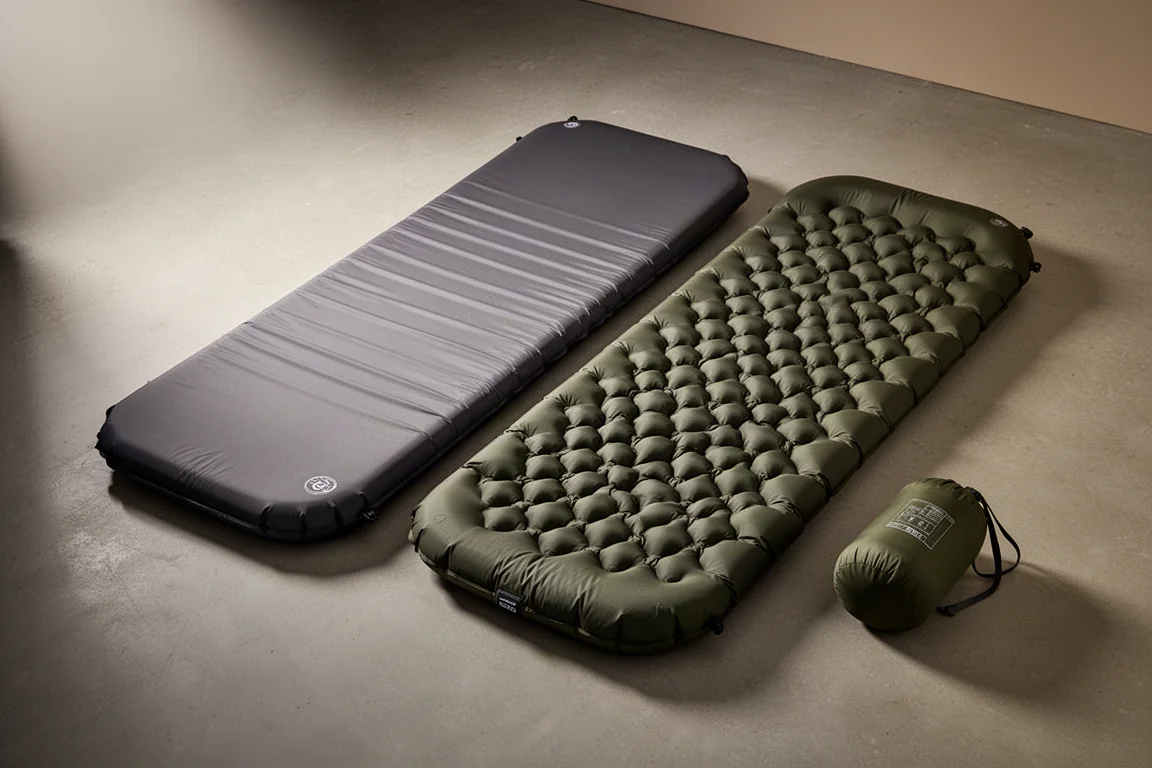 Two thick camping sleeping pads side by side on a concrete floor, one quilted and one dimpled