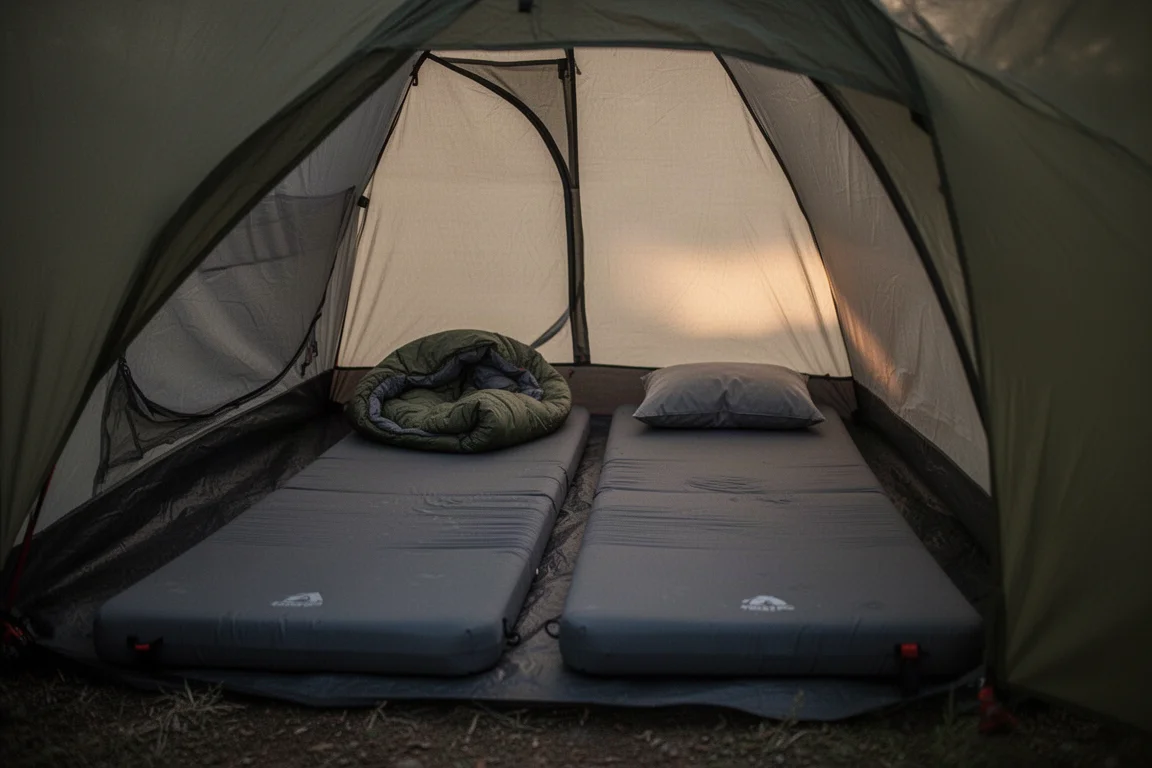 Due spessi materassini stesi fianco a fianco dentro una tenda al crepuscolo