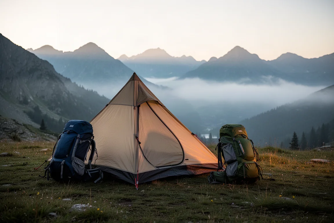 Campeggio all'alba con tenda montata e zaino in un paesaggio montano