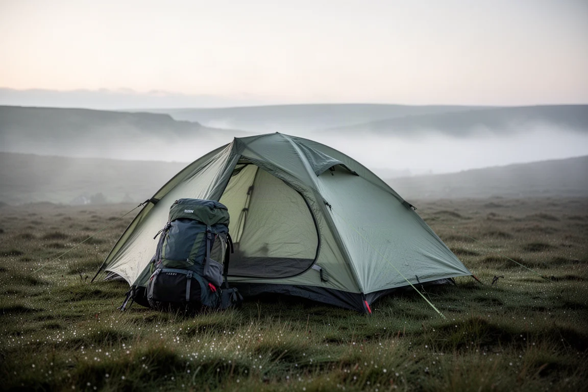 Tenda da backpacking sulla brughiera all'alba con condensa sul telo esterno e zaino carico all'esterno