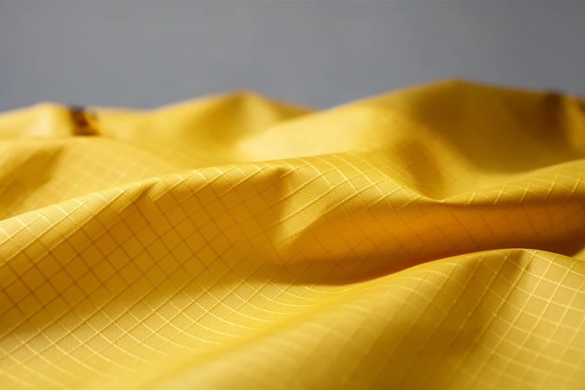 Primo piano delle camere trapuntate in piuma sulla superficie in nylon ripstop opaco di un sacco a pelo