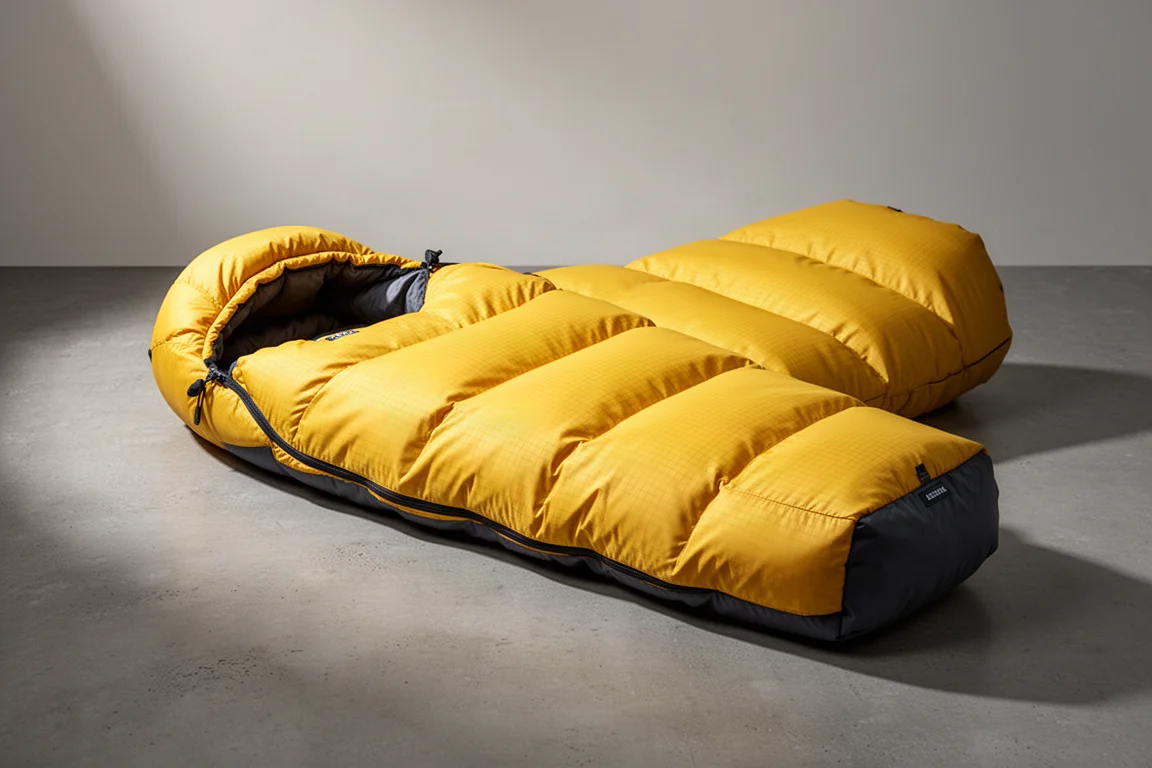 Bright yellow Therm-a-Rest Parsec down sleeping bag partially unrolled on a concrete surface