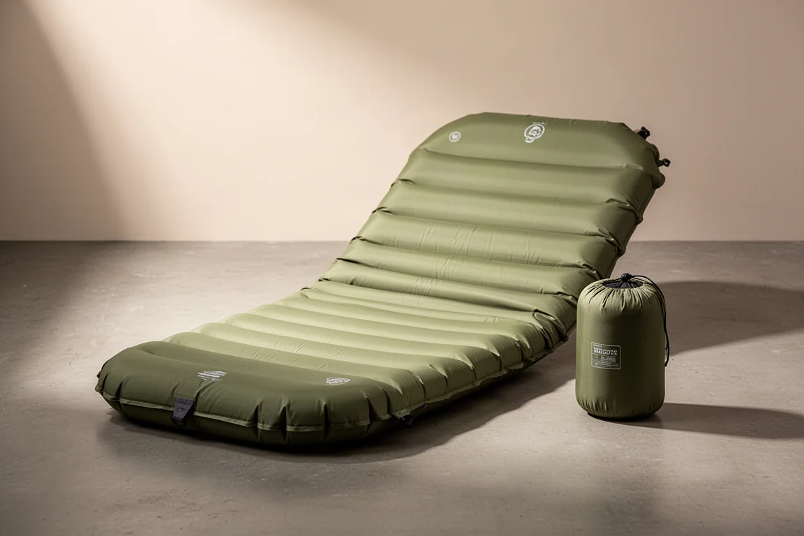 Compact ultralight inflatable sleeping pad partially inflated on a concrete surface