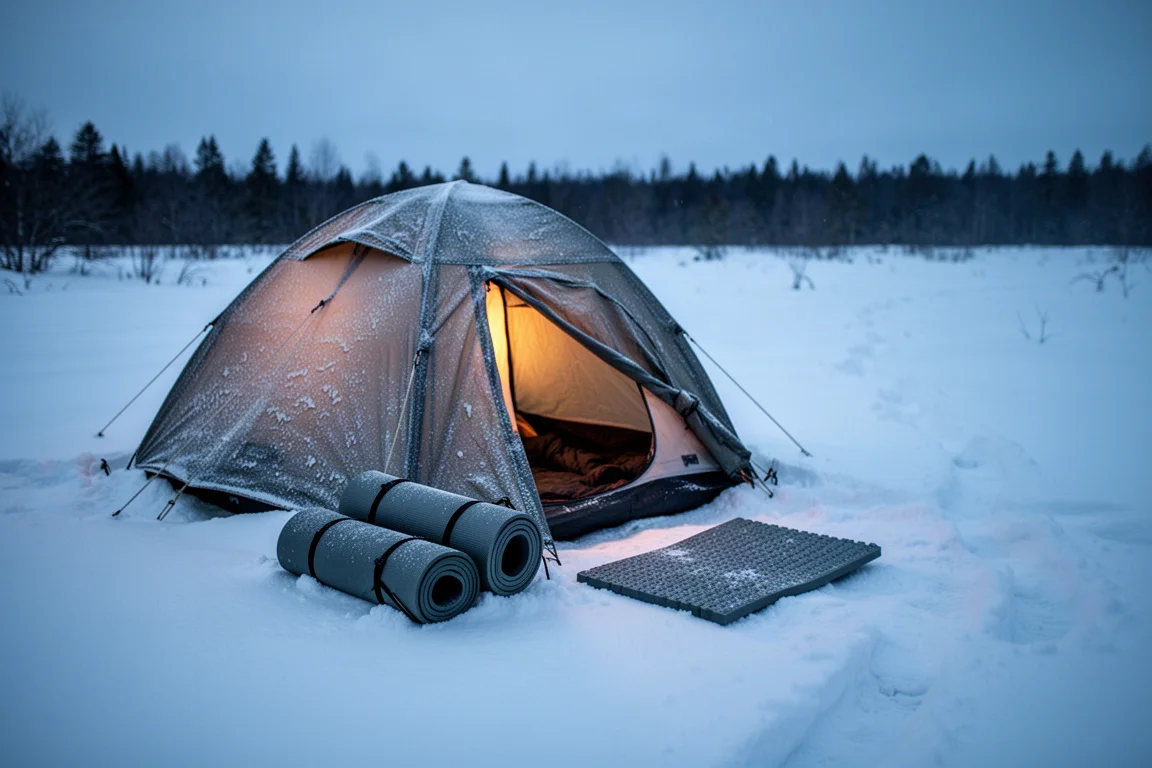 Bevroren wintertent op sneeuw tijdens het blauwe uur met opgerolde slaapmatten buiten