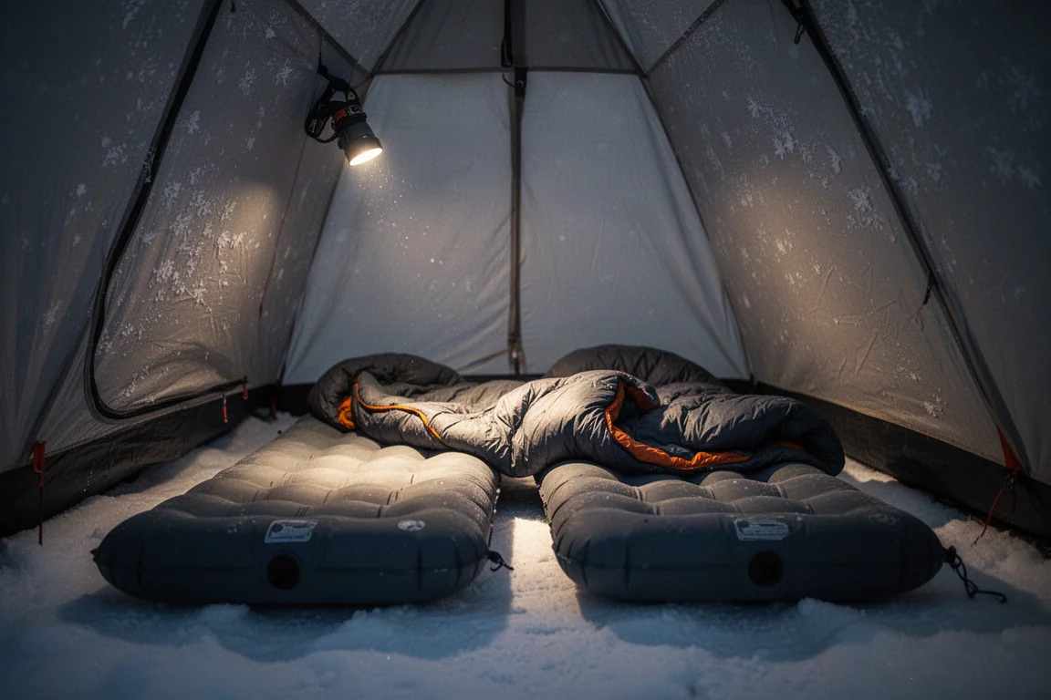 Interieur van een wintertent 's nachts met twee slaapmatten en een hoofdlampbundel