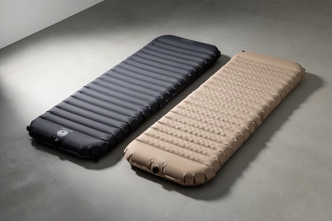Two inflatable winter sleeping pads side by side on a concrete surface