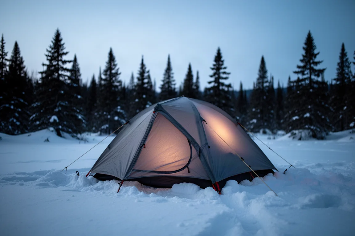 Wintercampingplatz im Schnee in der Dämmerung mit ausgelegter Isomatte und Quilt neben einem Zelt