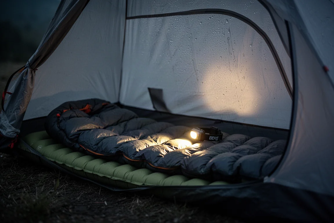 Draufsicht auf flach ausgelegte Wintercamping-Schlafausrüstung auf Betonboden