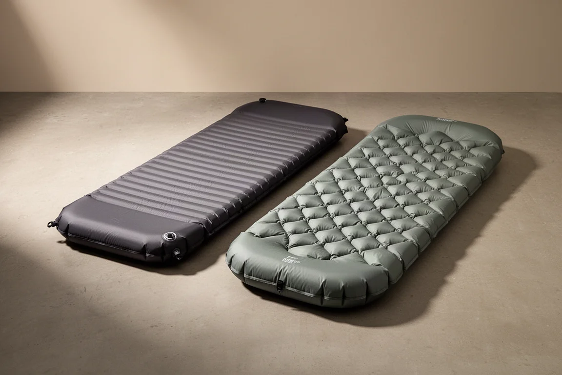 Two insulated winter sleeping pads side by side on a concrete surface