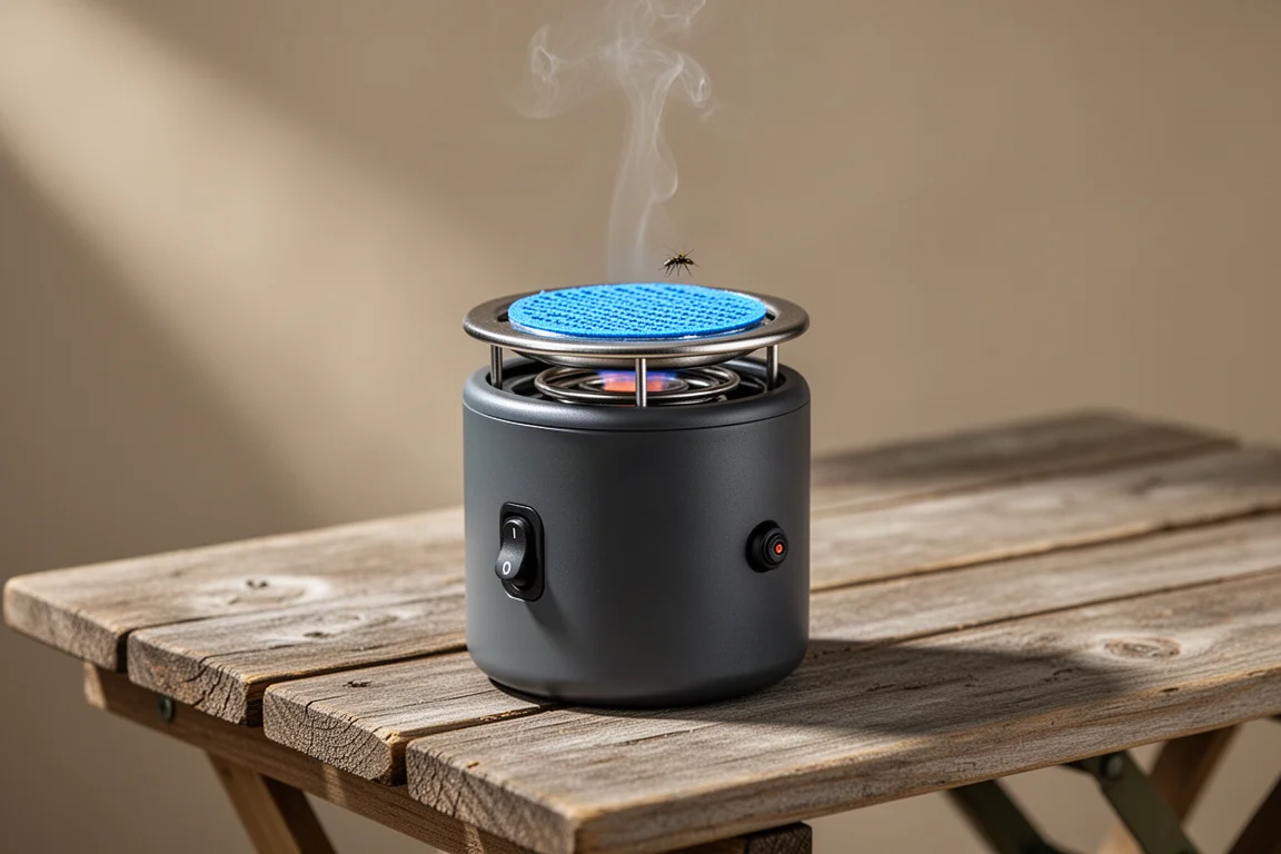 Compact grey isobutane repellent device with fuel canister and storage pouch on concrete