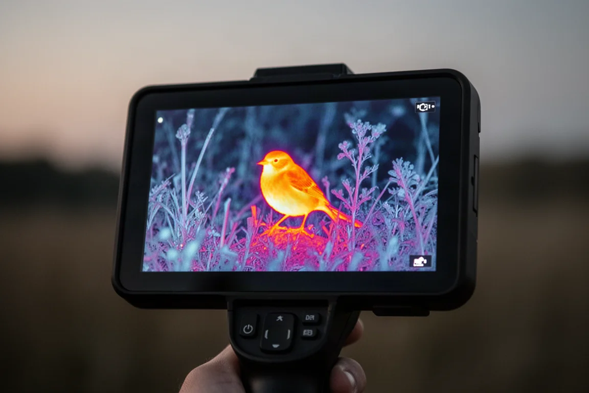 Wärmebildkamera-Display zeigt die warme Wärmesignatur eines kleinen Vogels in der Dämmerung