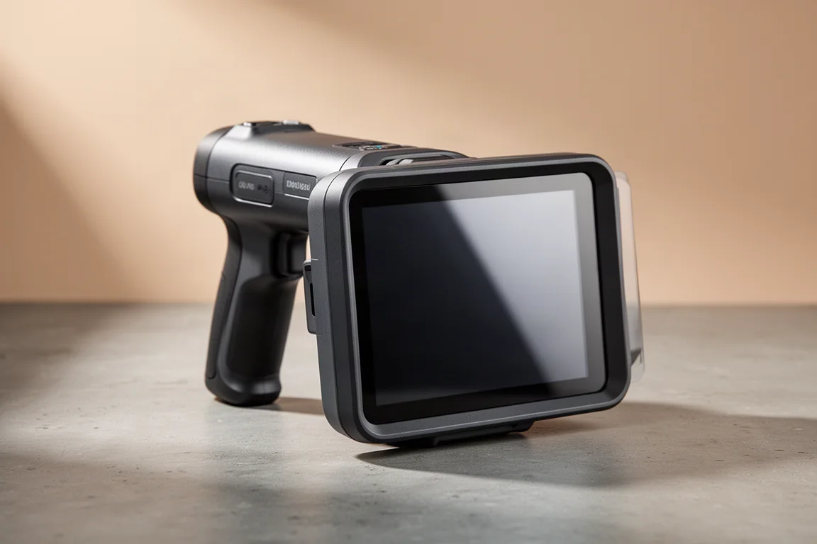 Termocamera portatile con un grande touchscreen su una superficie in cemento