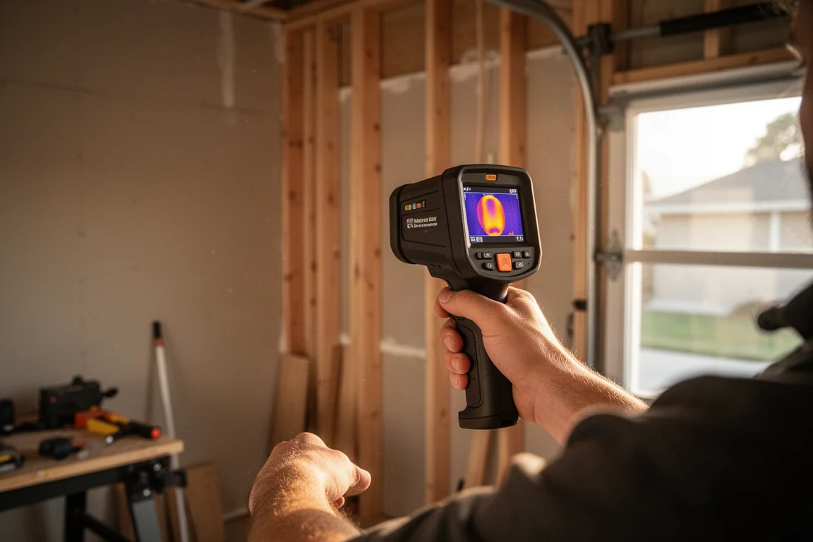 Homeowner pointing a handheld thermal camera at an interior wall to locate studs