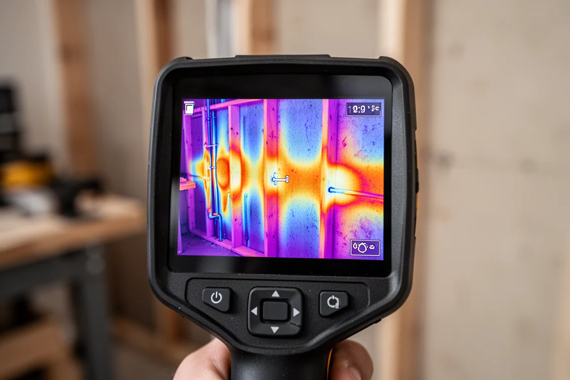 Thermal camera screen showing warm and cool patches on a wall with visible framing