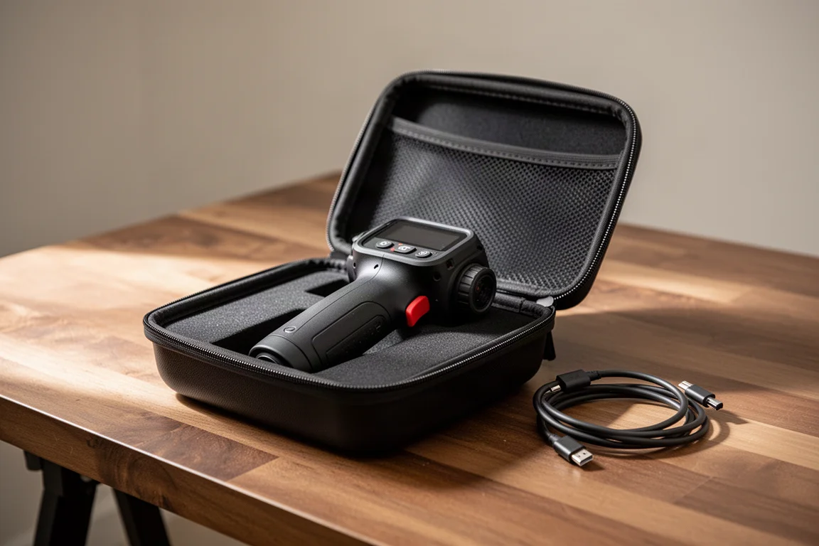 Handheld thermal camera resting inside a zippered carrying case on a workbench