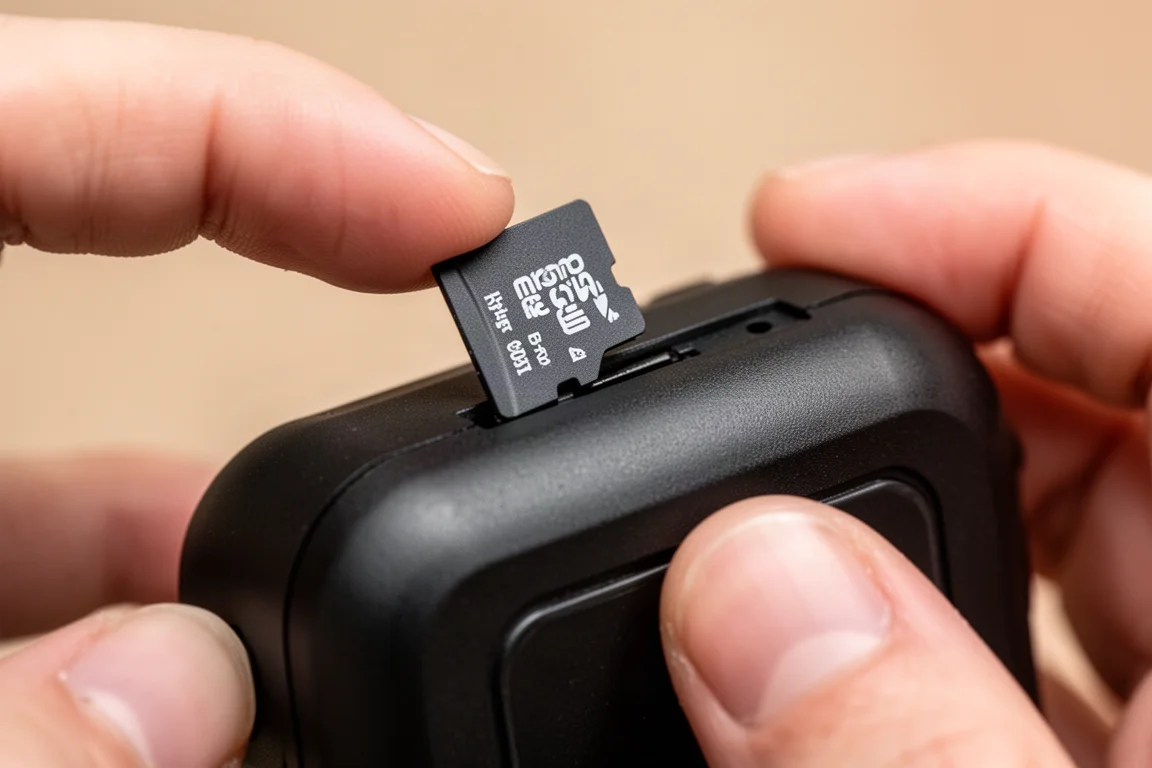 MicroSD card being inserted into the top slot of a handheld thermal camera