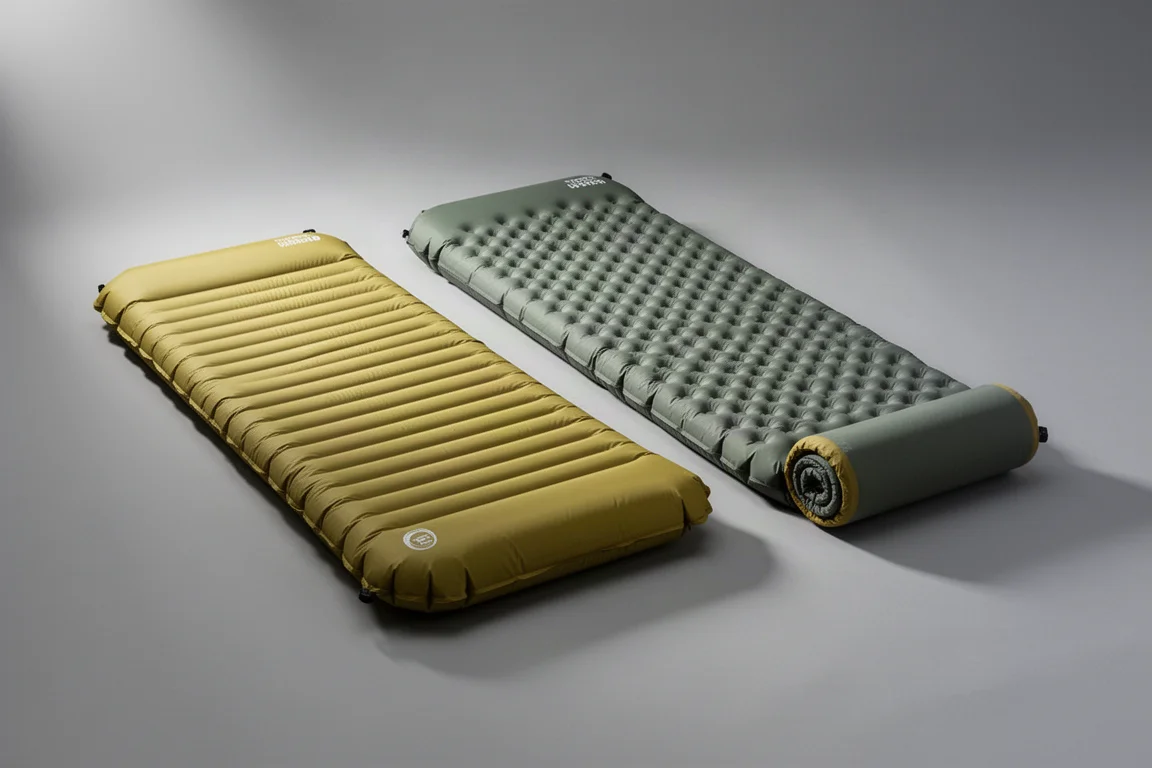 Two ultralight inflatable sleeping pads side by side on a grey backdrop