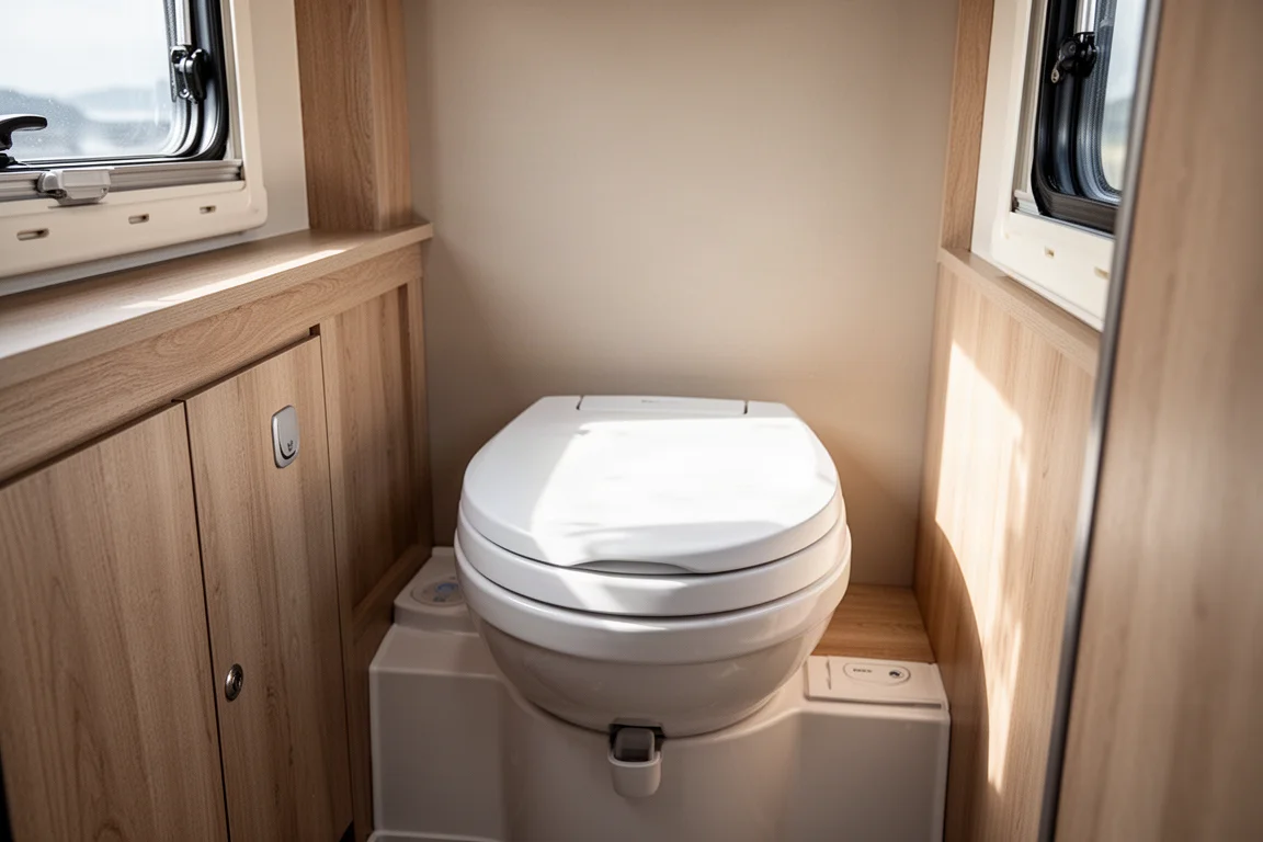 Kompakte Wohnmobil-Toilette in einem kleinen Camper-Badezimmer mit Holzverkleidung