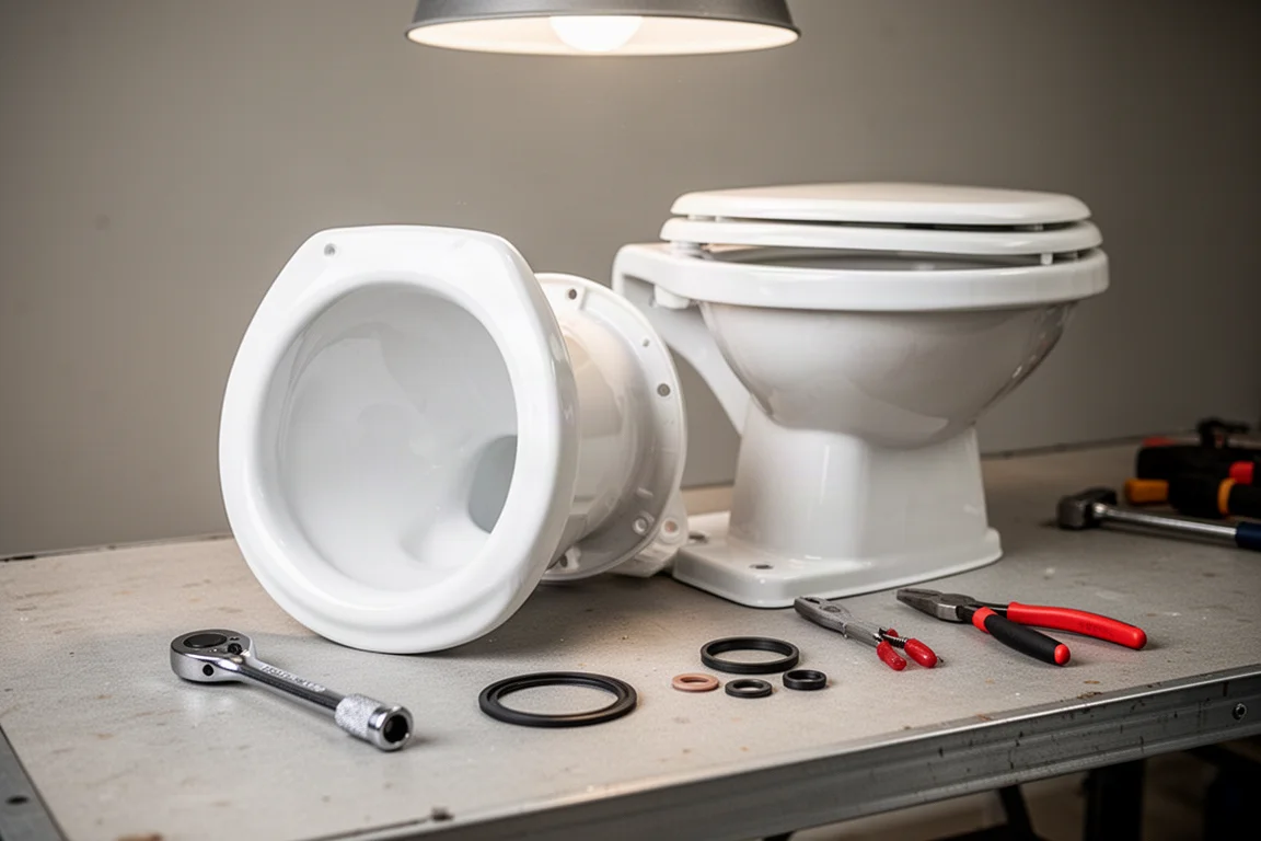 Wohnmobil-Toilette teilweise zerlegt auf einer Werkbank in der Garage, Werkzeug in der Nähe