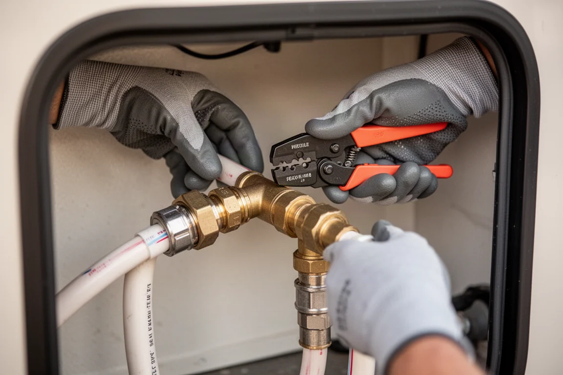 Hände reparieren ein PEX-B-Wasserleitungsfitting unter einem Wohnmobil-Waschbecken