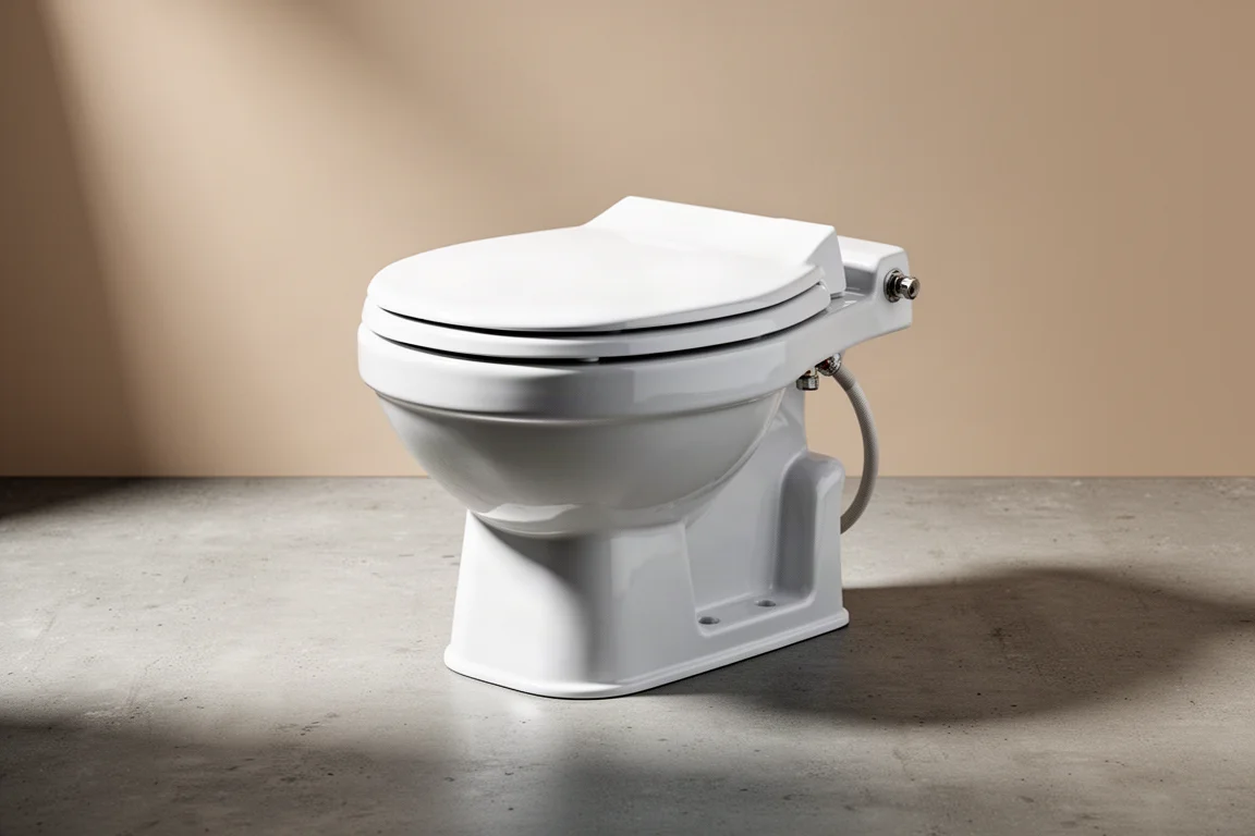 Compact white RV toilet with ceramic bowl and plastic base on a concrete surface