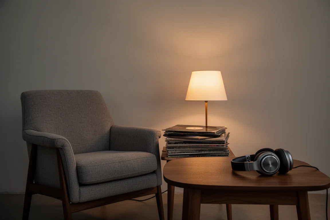 Quiet listening corner at dusk with armchair, records, lamp, and headphones