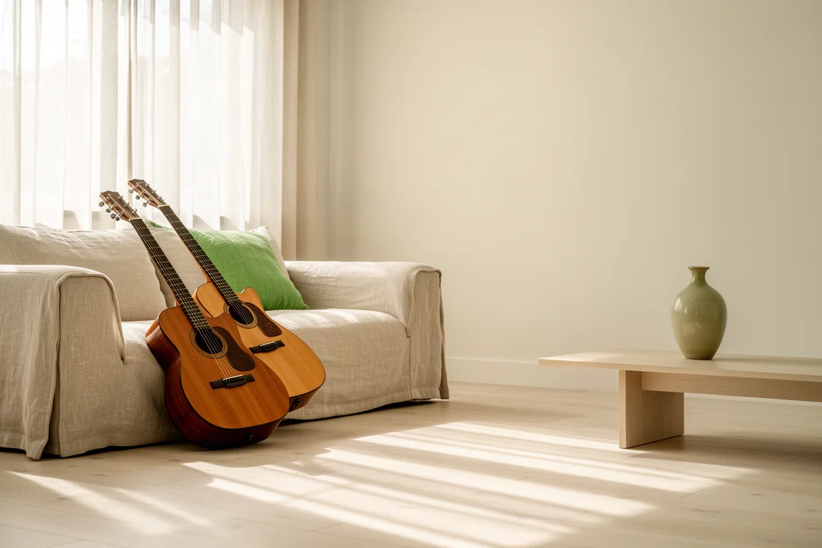 Sunlit room with acoustic guitar, linen sofa, and soft afternoon light