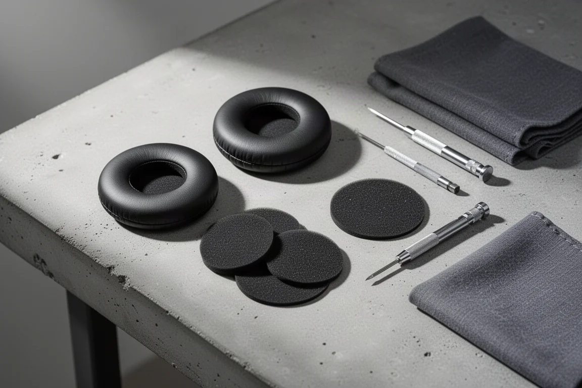 Overhead flat-lay of ear pads, foam discs, and a small screwdriver on concrete
