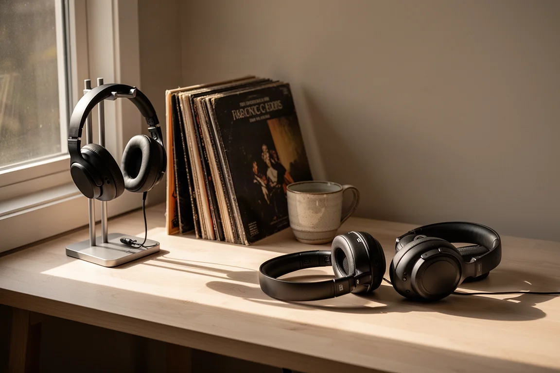 Late-afternoon desk with headphone stand, records, mug, and two headphones