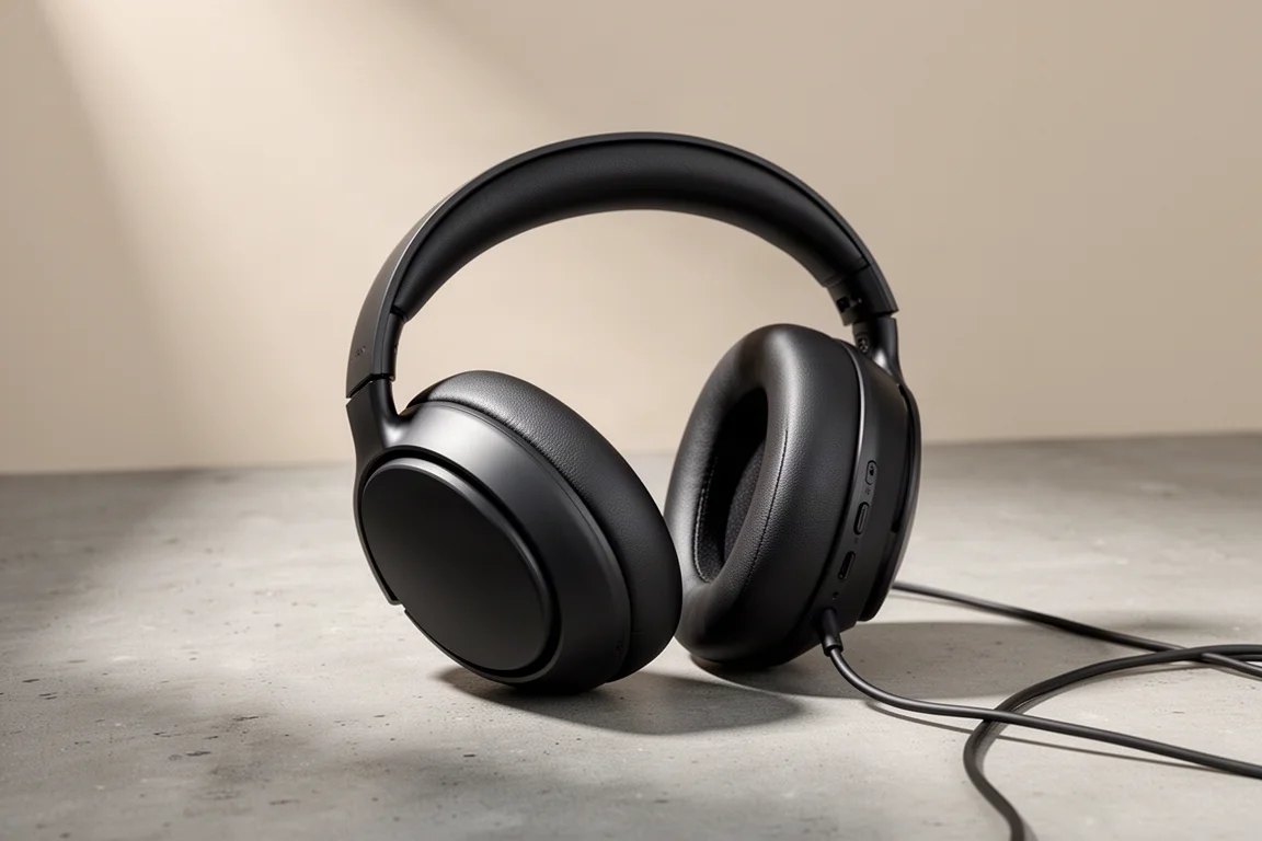 Black over-ear headphone with oval ear cups resting on a matte concrete surface