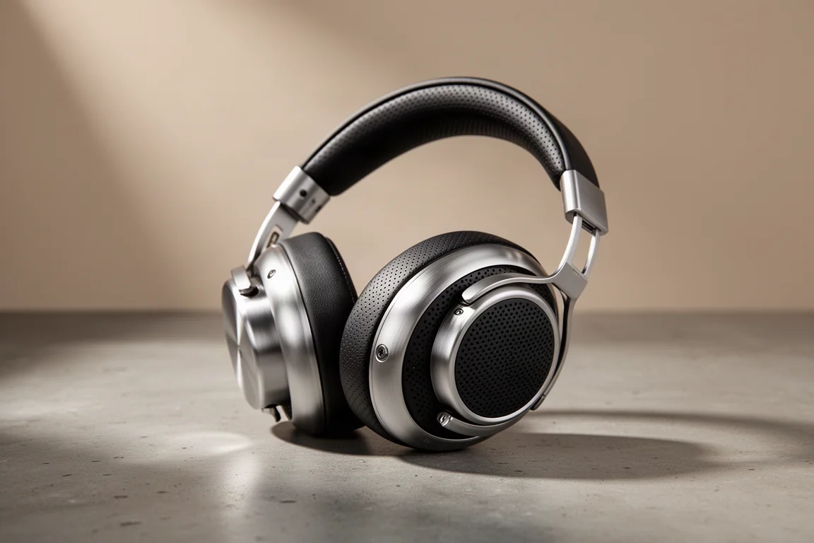 Open-back over-ear headphone with metal ear cups resting on a concrete surface