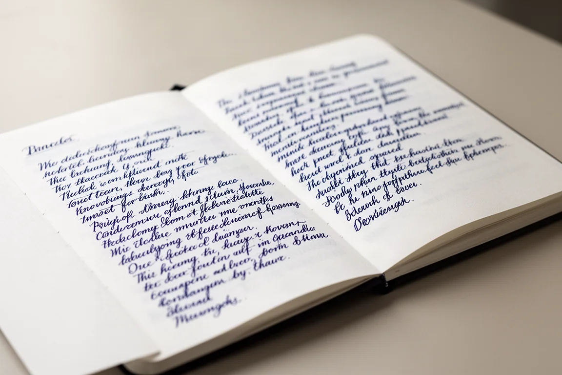 Cuaderno de papel fino abierto mostrando líneas de tinta de estilográfica limpias y compactas
