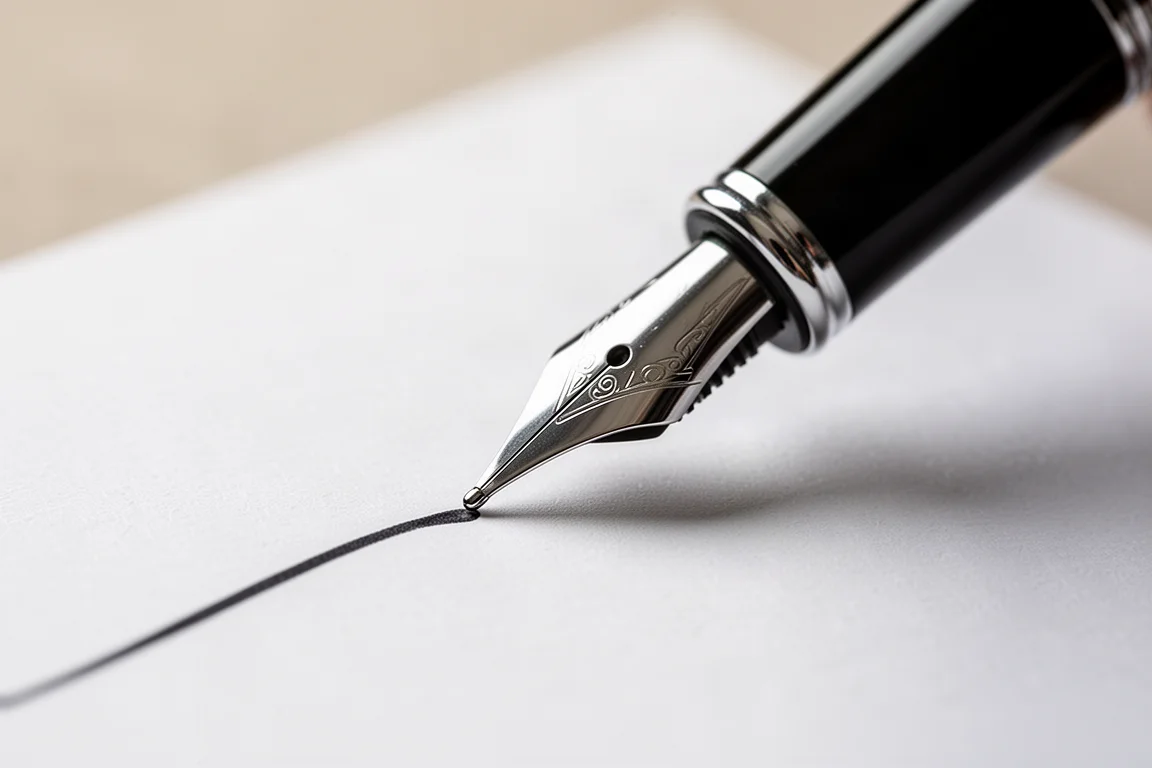 Plumín de estilográfica escribiendo sobre papel blanco ultradelgado