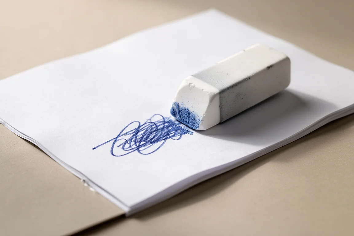 Goma de borrar eliminando tinta de papel fino sin arrugarlo