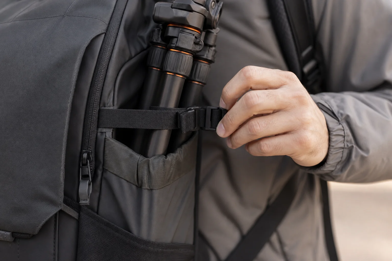 Fotograf befestigt ein Stativ an einer äußeren Seitentasche des Kamerarucksacks