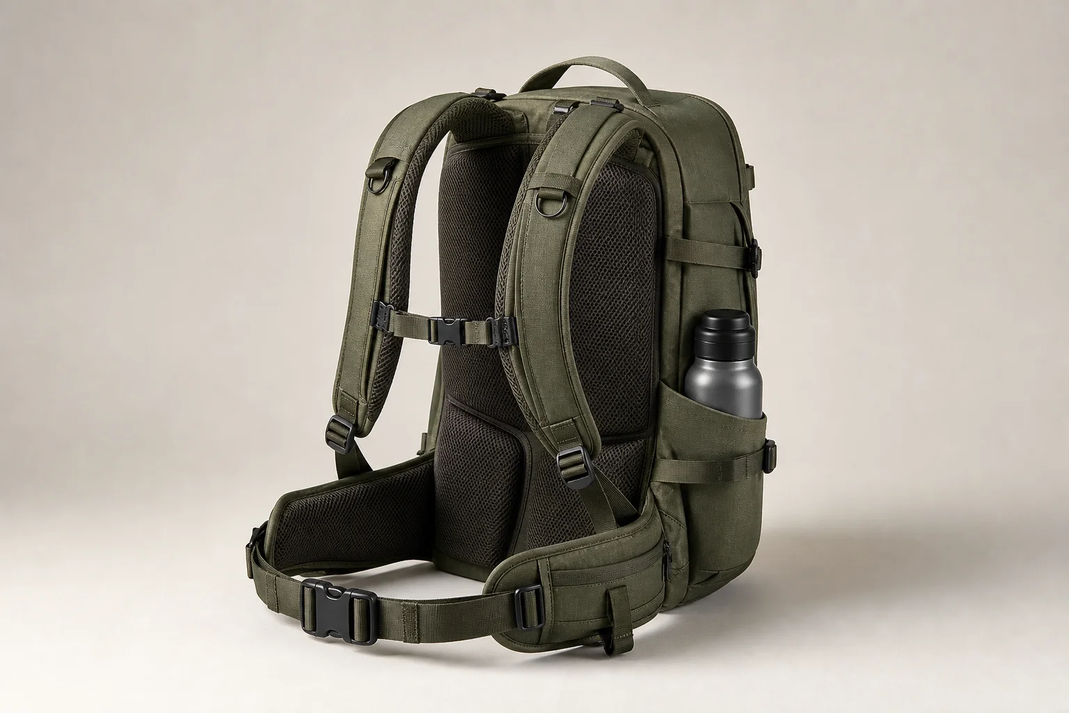 중립적인 배경에 놓인 녹색 Think Tank BackLight Sprint 카메라 백팩