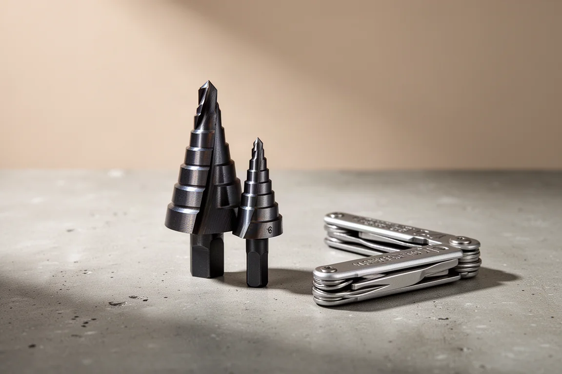 Compact cone-shaped step drill bit on a concrete surface next to a small multi-tool